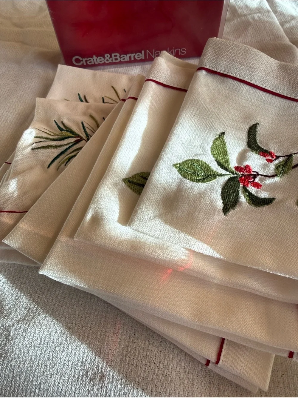 Crate&Barrel Christmas Cocktail Napkins with Green Leaf and Red Berry Embroidery